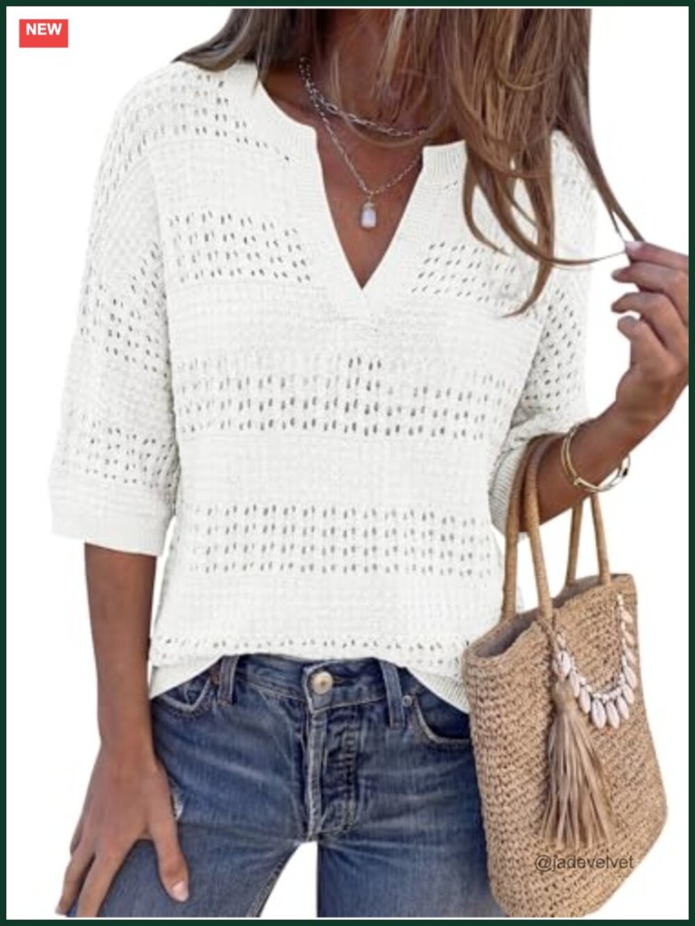 PRETTYGARDEN Women's Crochet Hollow Out Knit Sweater V-Neck Short Sleeve